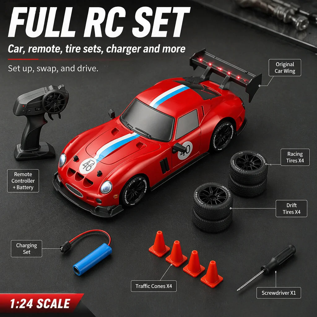 RC Drift Car 1:24, 2.4G High Speed Racing Car, Red Sports Car with LED Lights, Outdoor Drift Game Toys for Kids