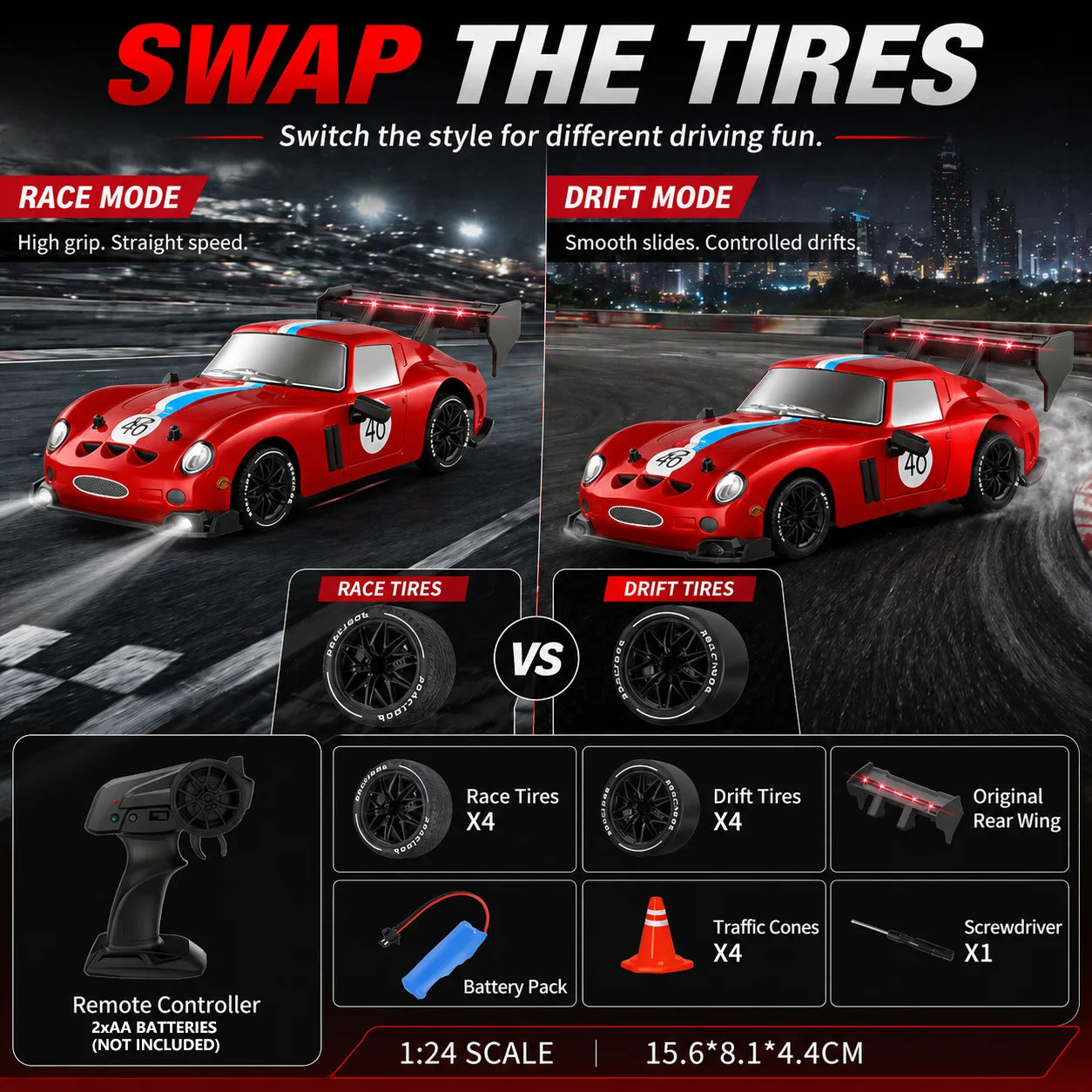 RC Drift Car 1:24, 2.4G High Speed Racing Car, Red Sports Car with LED Lights, Outdoor Drift Game Toys for Kids
