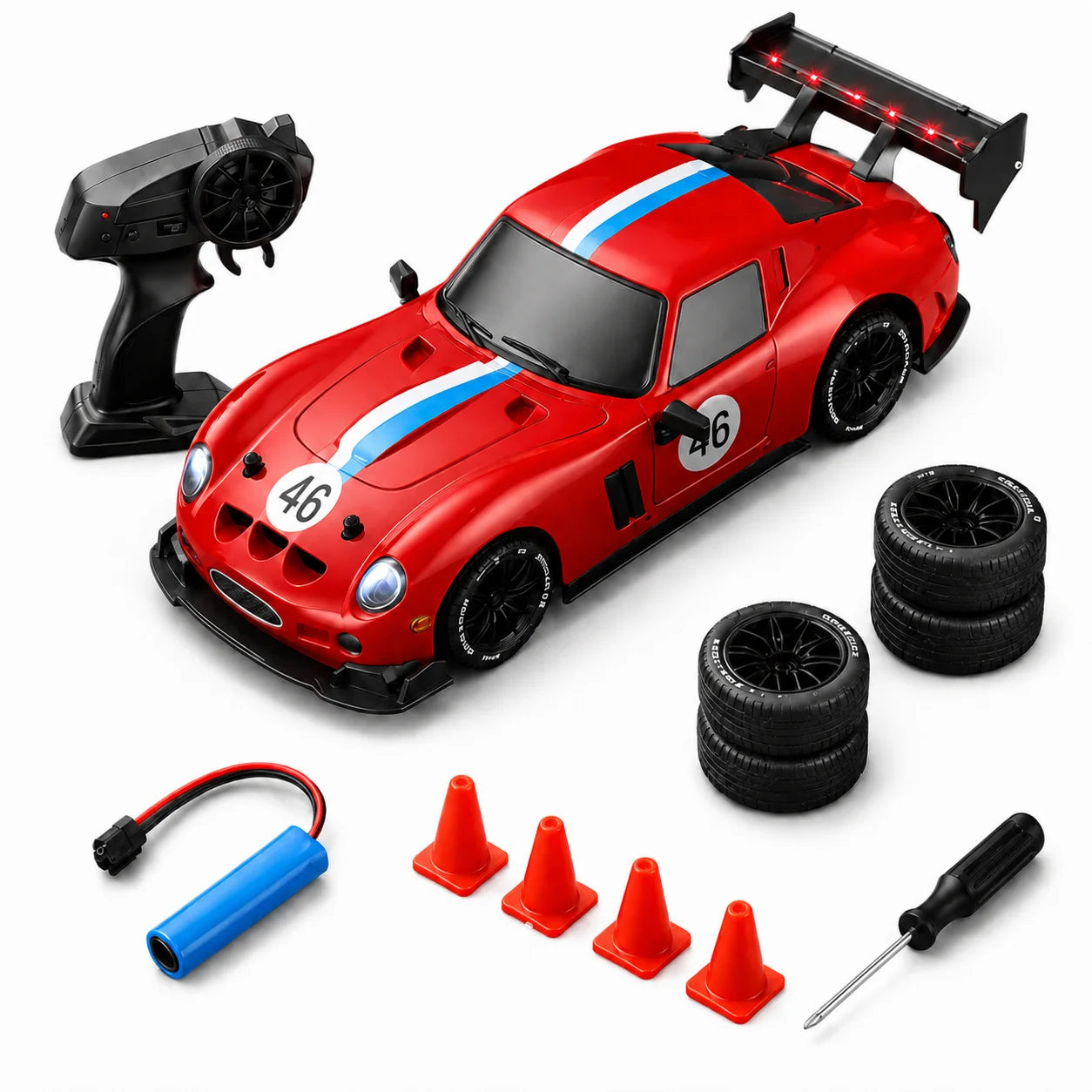 RC Drift Car 1:24, 2.4G High Speed Racing Car, Red Sports Car with LED Lights, Outdoor Drift Game Toys for Kids