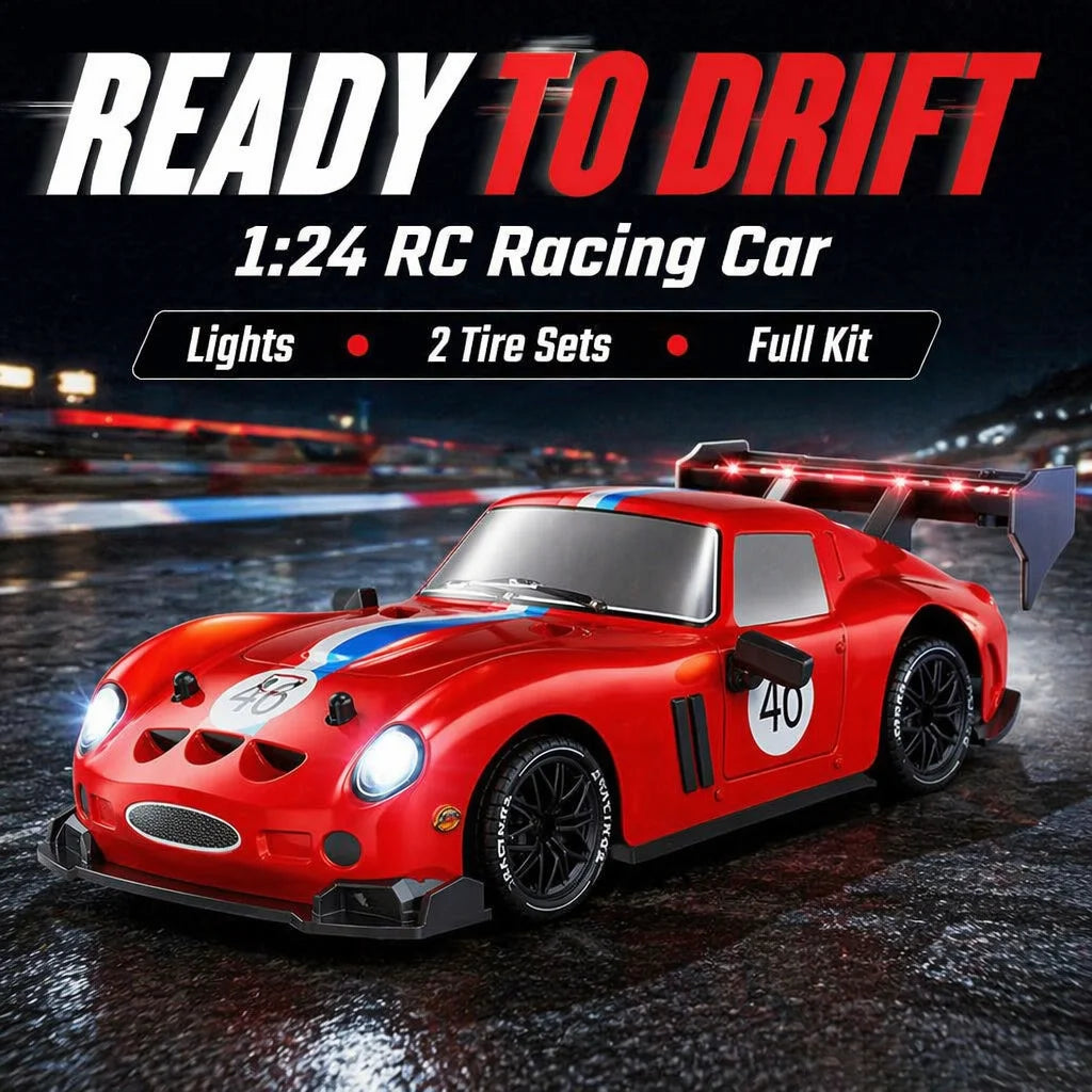 RC Drift Car 1:24, 2.4G High Speed Racing Car, Red Sports Car with LED Lights, Outdoor Drift Game Toys for Kids